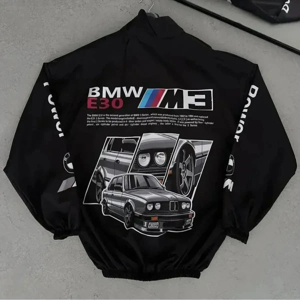 modern performance streetwear jacket with motorsport graphic detailing
