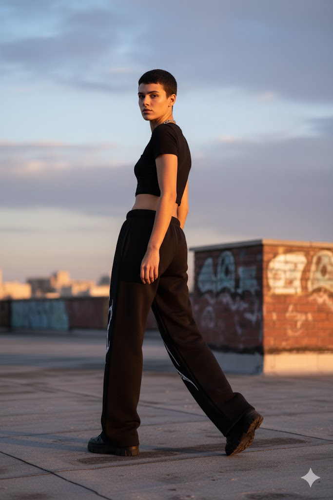 Urban streetwear photoshoot – Jet Black oversized bottoms