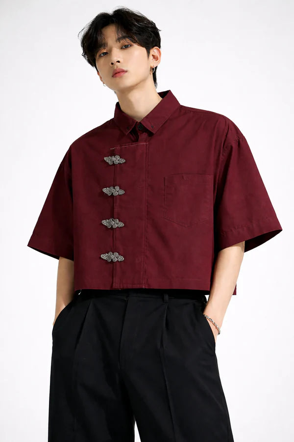 Burgundy Chinese style shirt for men front view