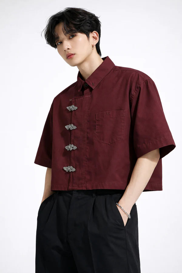 Men's burgundy mandarin collar shirt premium streetwear