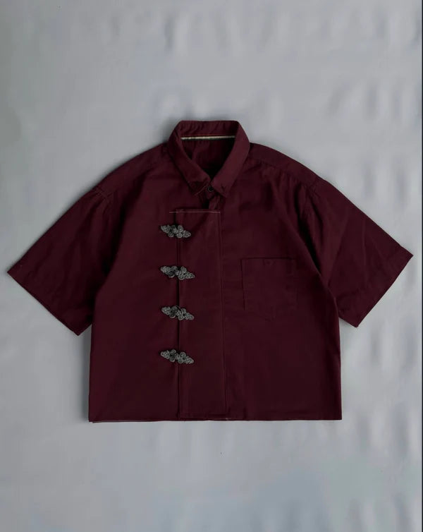 Burgundy Chinese style shirt with mandarin collar detail