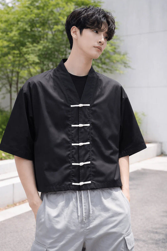 Black Mandarin oversized shirt front view Chinese streetwear style