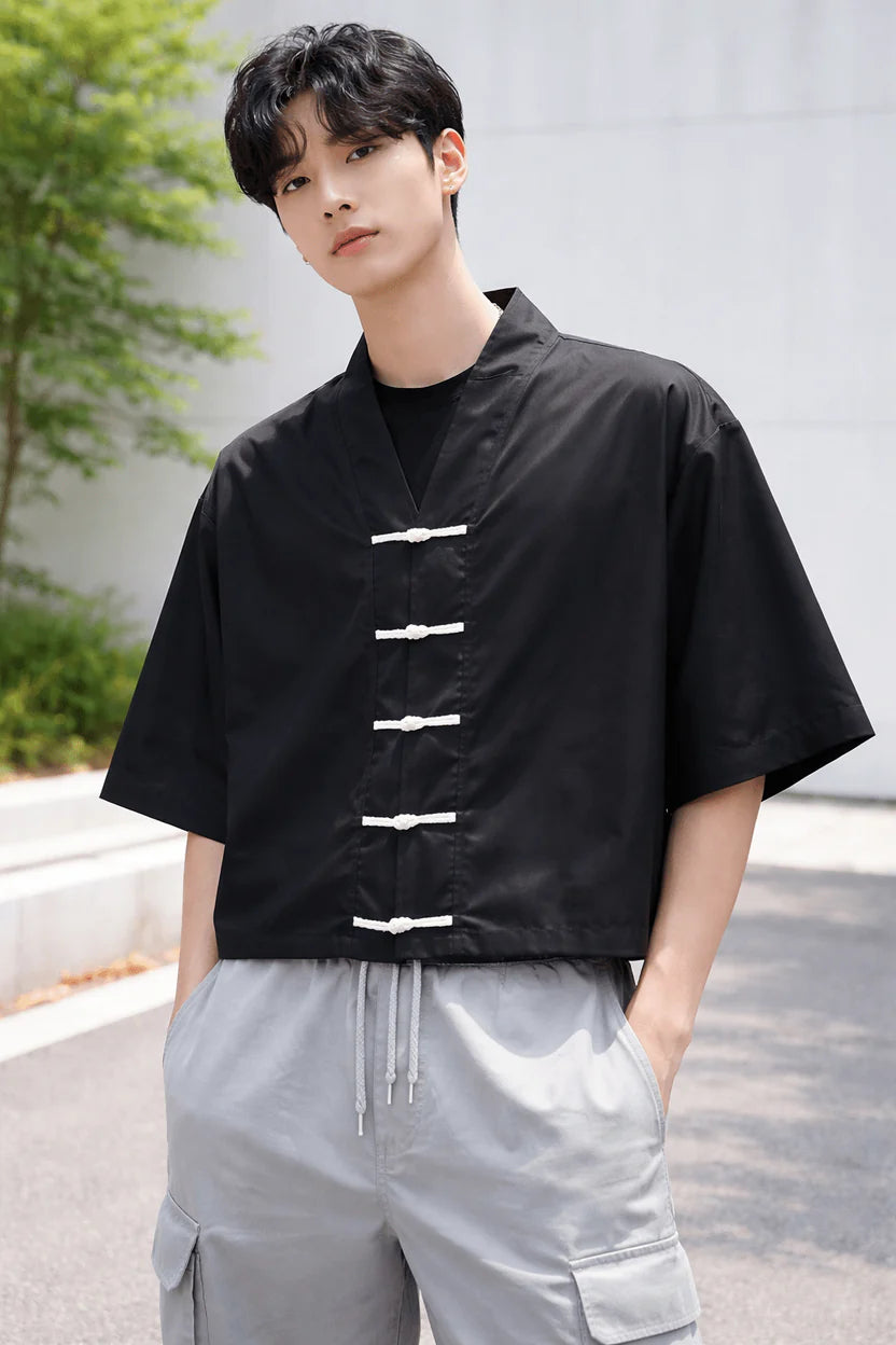 Chinese style black oversized shirt minimalist streetwear look