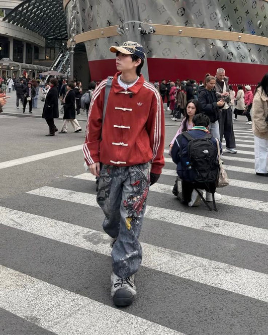 Fusion streetwear jacket featuring traditional Chinese knot buttons
