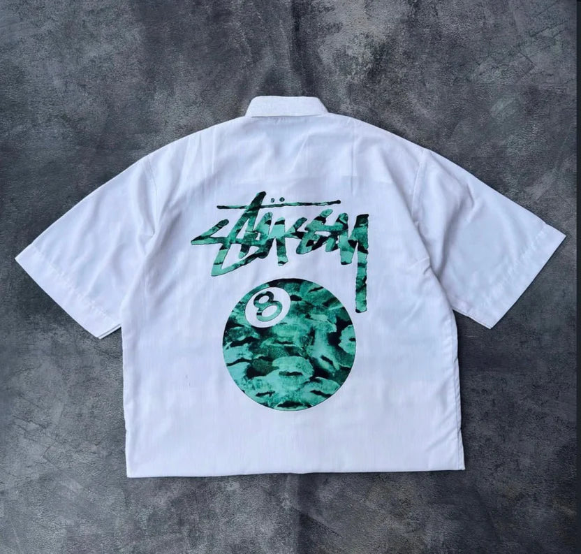 White oversized shirt with 8 ball graphic print unisex fashion