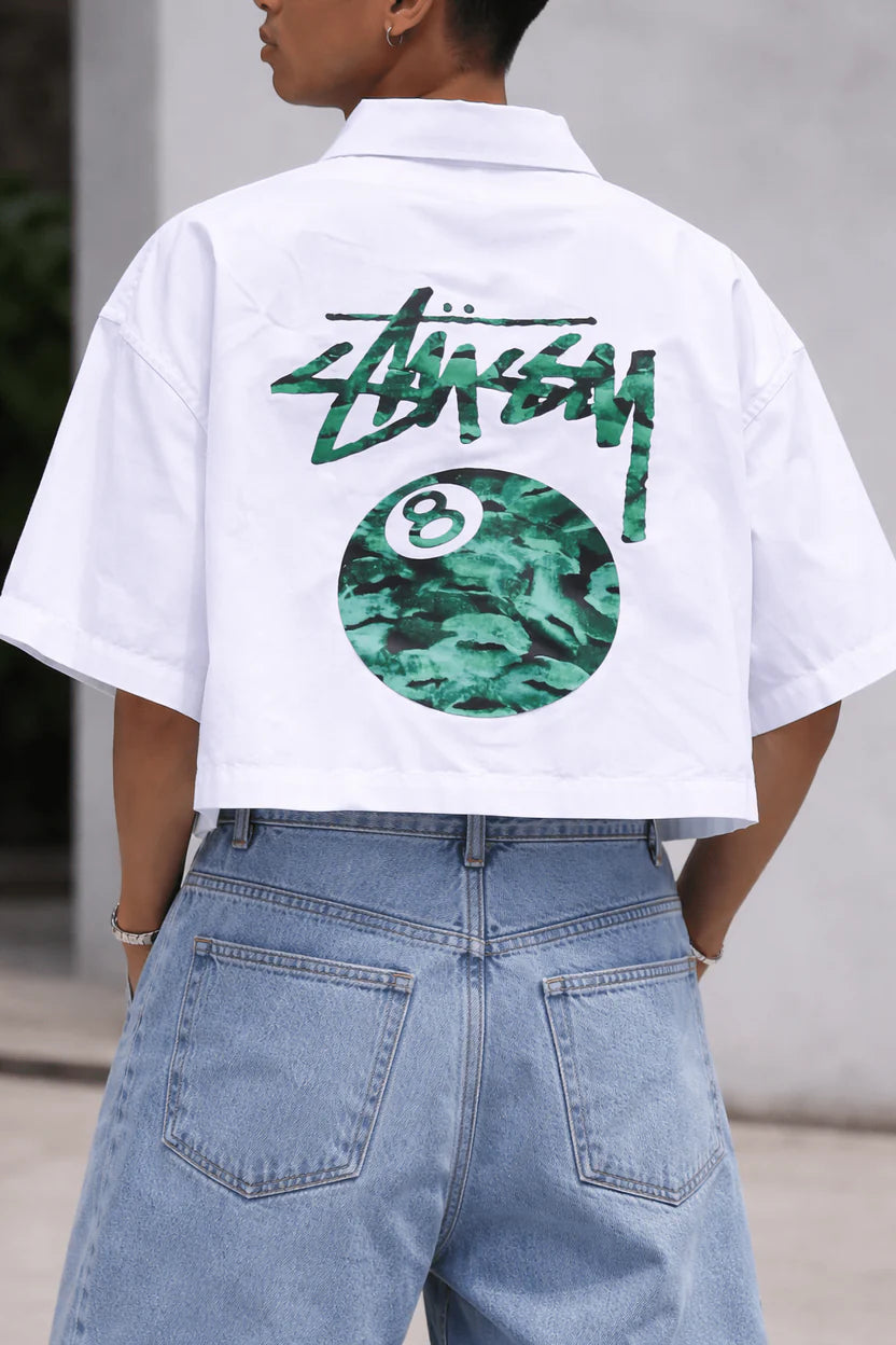 Premium white 8 ball graphic shirt fabric and print detail