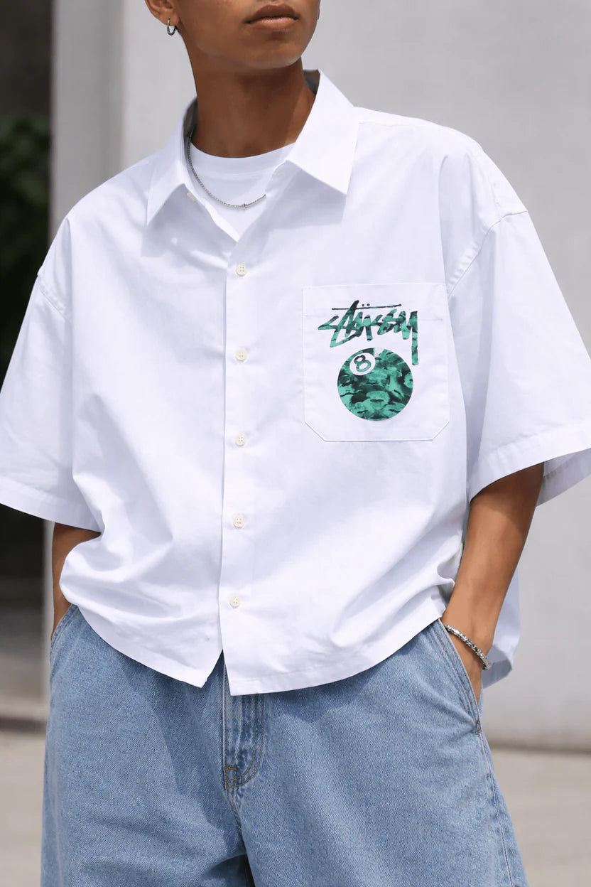 Unisex white oversized 8 ball streetwear shirt outfit