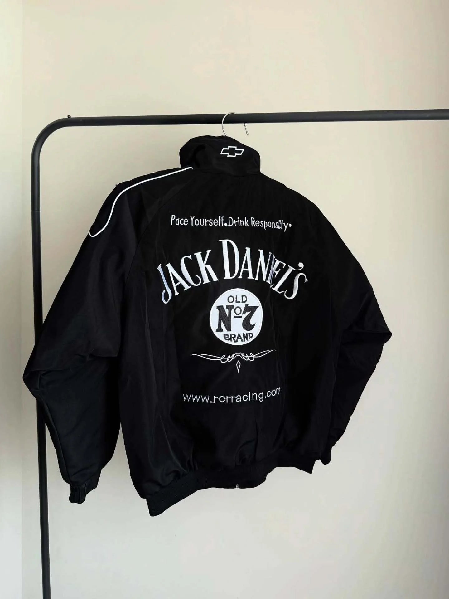 Close-up of Jack Daniel DTF print on parachute fabric jacket
