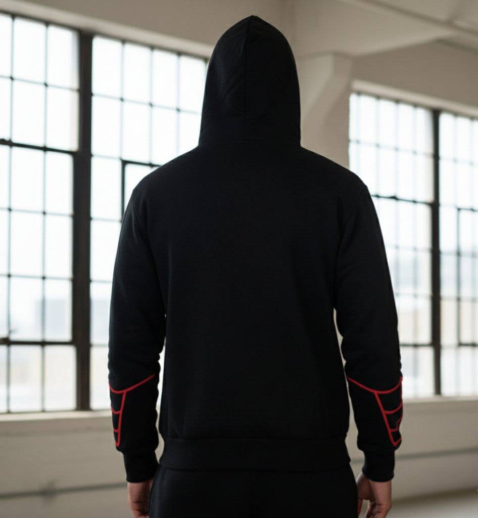 WesternVibe Shadow Web zip hoodie with full hood design
Urban black and red spider web hoodie for men and women
