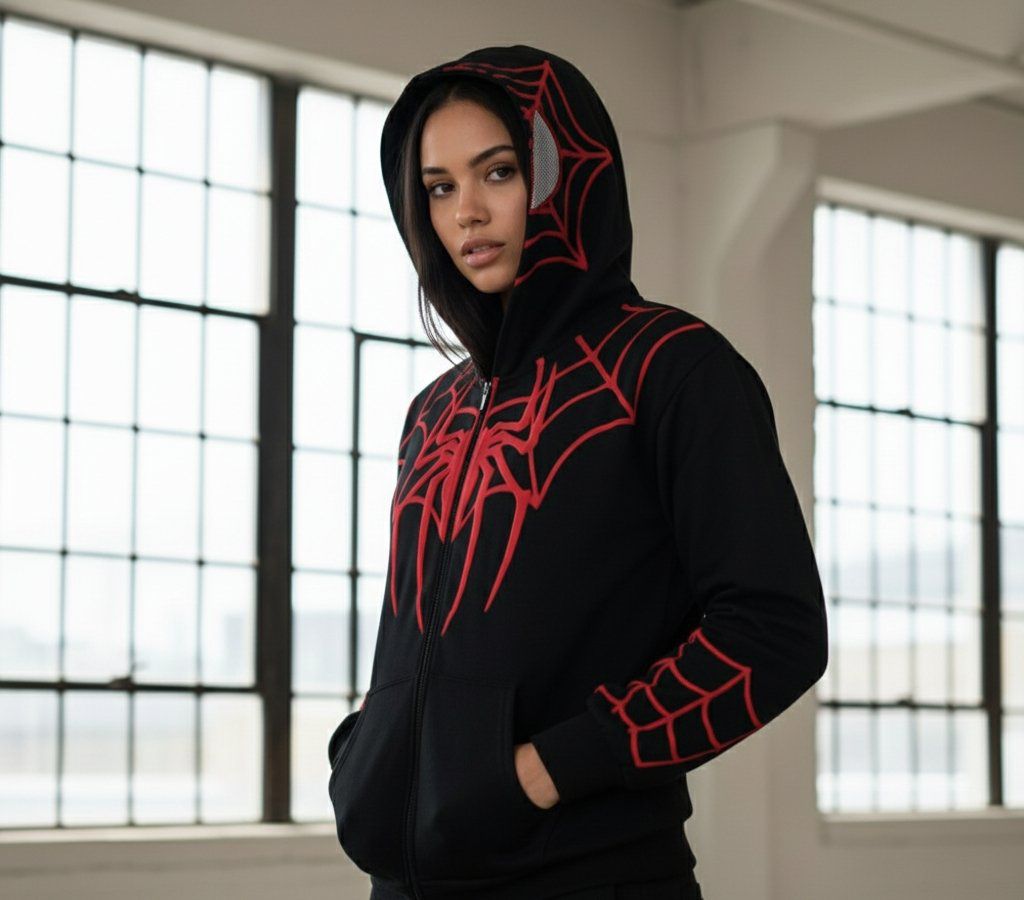 Urban black and red spider web hoodie for men and women
