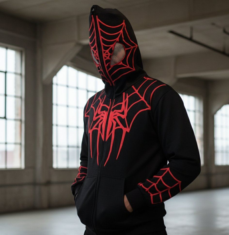 WesternVibe Shadow Web zip hoodie with full hood design