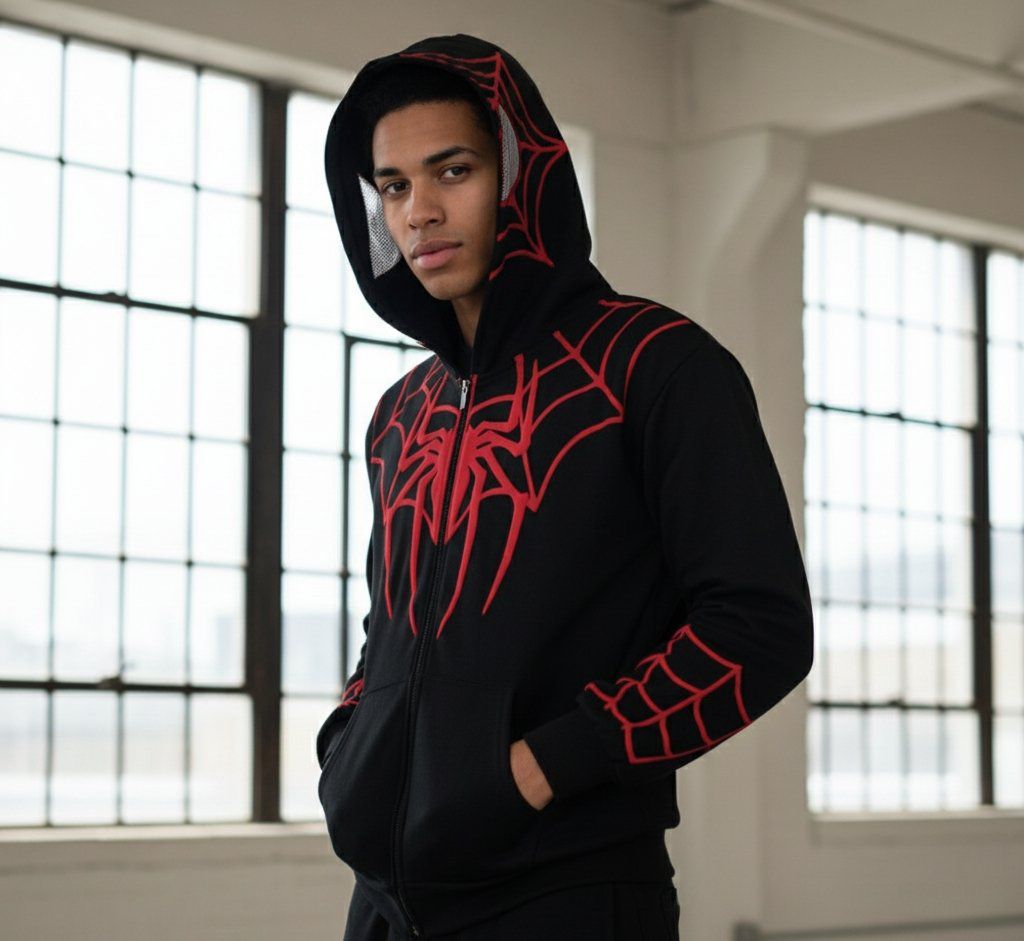 Black streetwear hoodie with red spider web graphic by WesternVibe