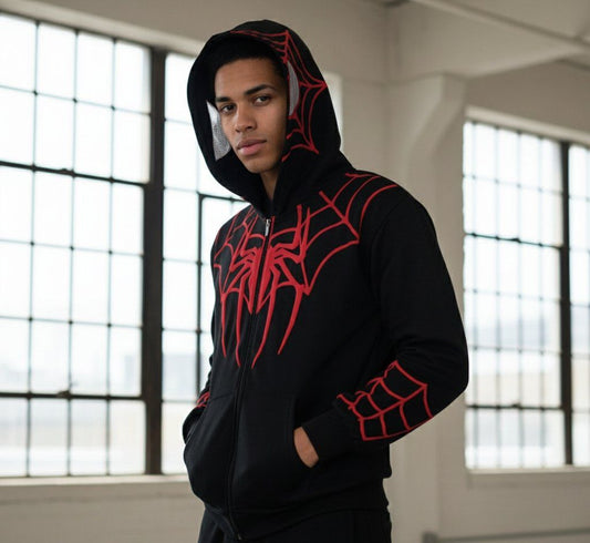Black streetwear hoodie with red spider web graphic by WesternVibe